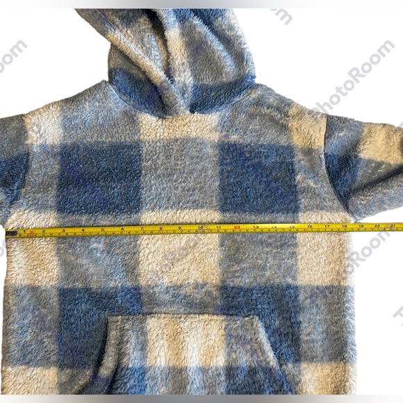 SO girls blue & white faux fur plaid hoodie size L 10/12 - Picture 6 of 9